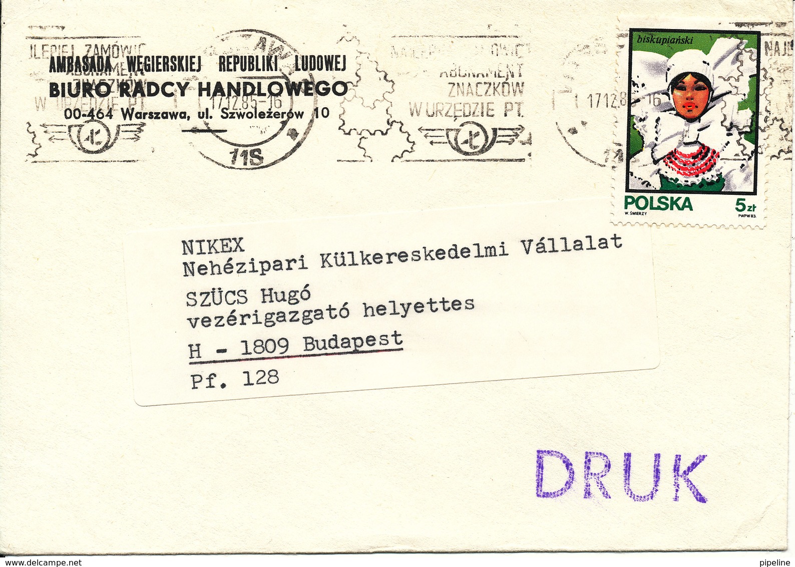 Poland Cover Sent To Hungary 17-12-1985 Single Franked - Covers & Documents