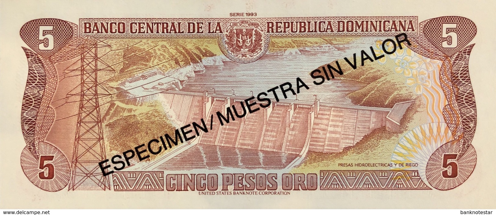 Dominican Republic 5 Peso Oro, P-143s (1993) - UNC - Specimen - República Dominicana