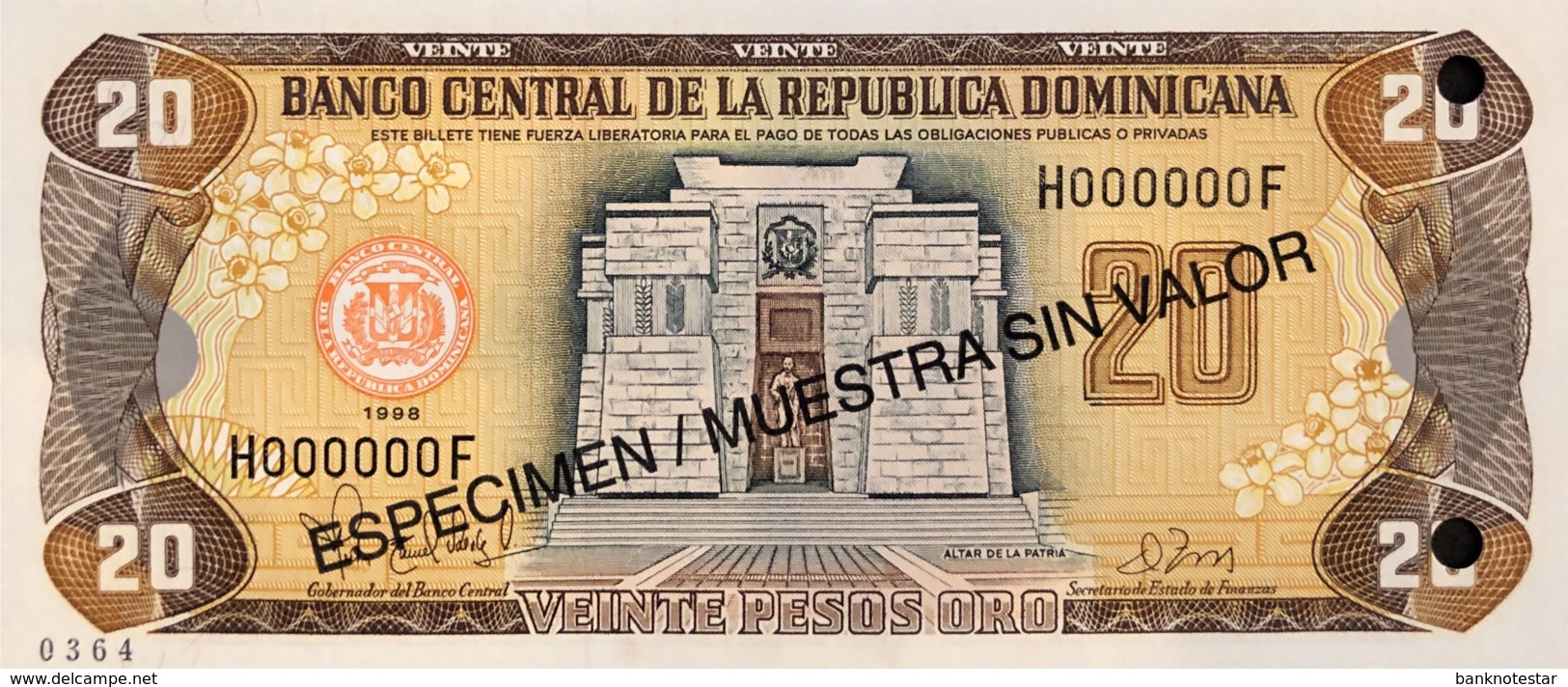 Dominican Republic 20 Peso Oro, P-154s (1998) - UNC - Specimen - República Dominicana