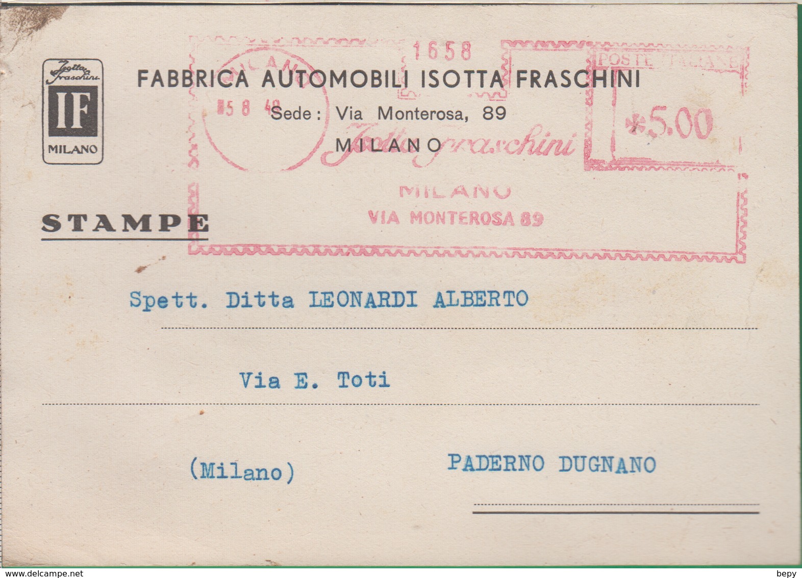 ISOTTA FRASCHINI. Auto Timbro Rosso. Fabbrica Automobili. Macchina. 156b - Italia