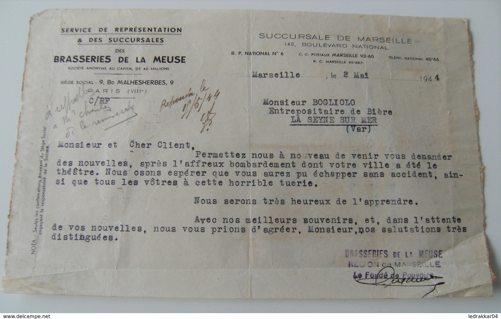 Lot vieux papiers Brasserie de la Meuse 1943 WWII bombardement seyne sur mer vintage Pétain