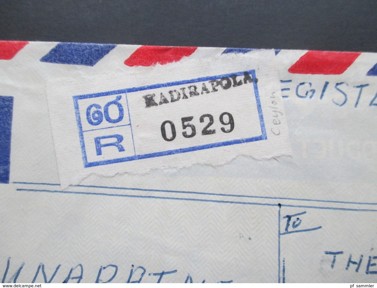 Sri Lanka Ceylon 1969 Air Mail / Luftpost Einschreiben Gestempelter R Zettel Kadirapola Nach Dresden Mit 8 Stempeln - Sri Lanka (Ceylan) (1948-...)