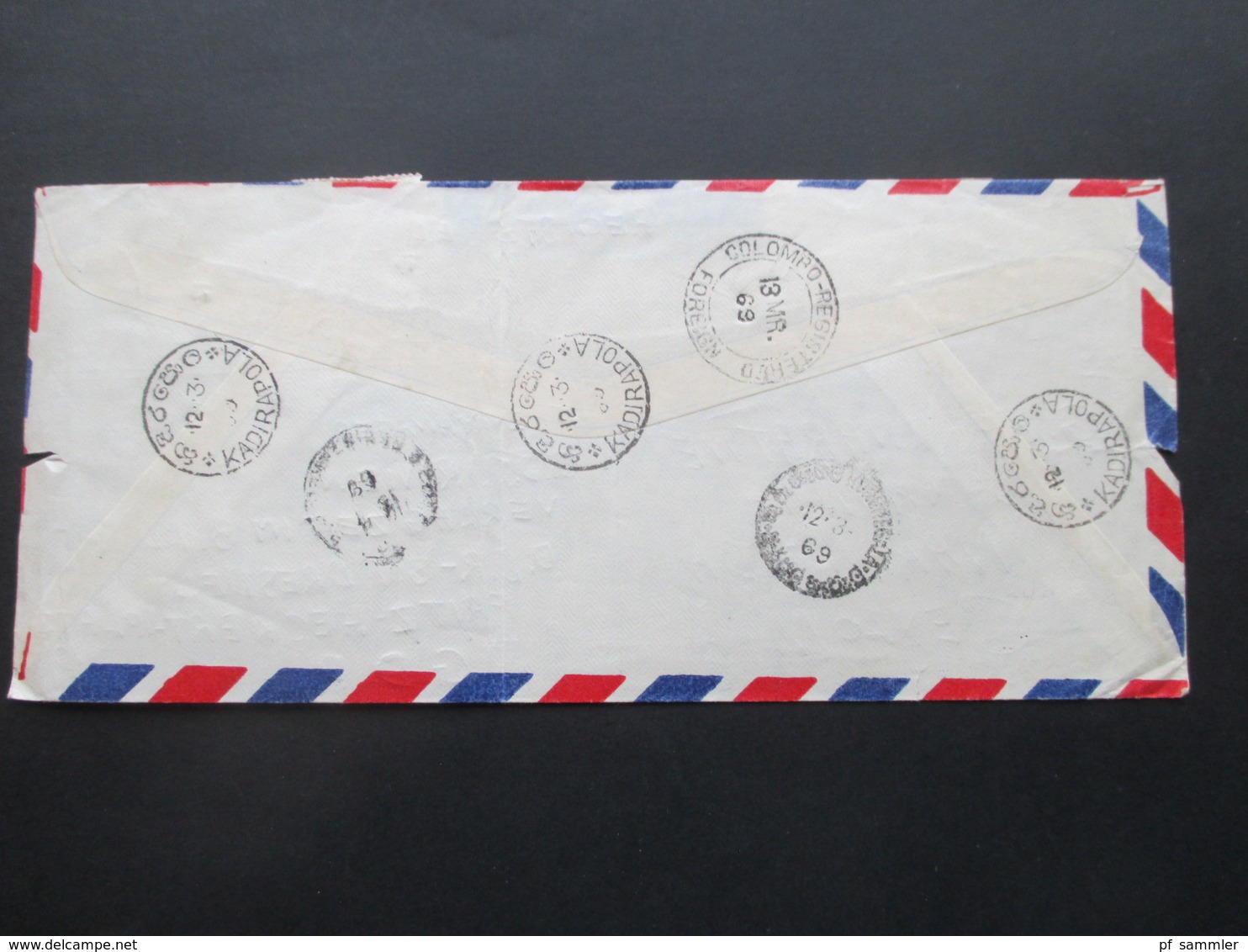 Sri Lanka Ceylon 1969 Air Mail / Luftpost Einschreiben Gestempelter R Zettel Kadirapola Nach Dresden Mit 8 Stempeln - Sri Lanka (Ceylan) (1948-...)