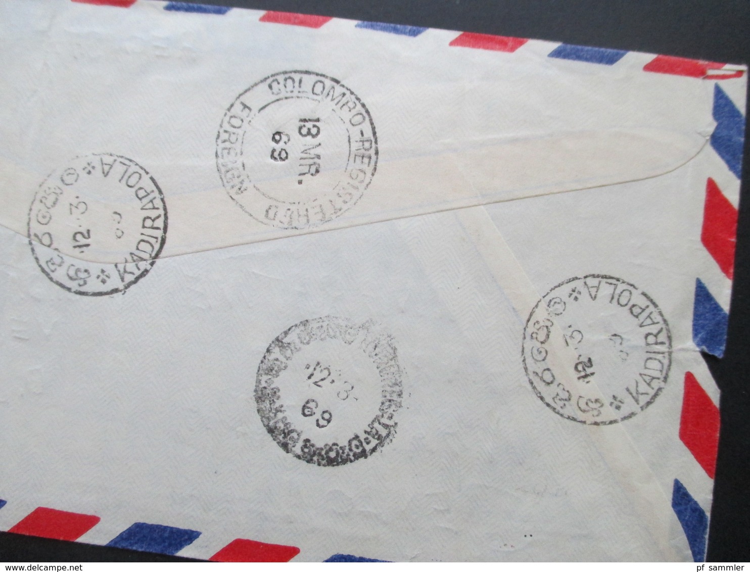 Sri Lanka Ceylon 1969 Air Mail / Luftpost Einschreiben Gestempelter R Zettel Kadirapola Nach Dresden Mit 8 Stempeln - Sri Lanka (Ceylon) (1948-...)