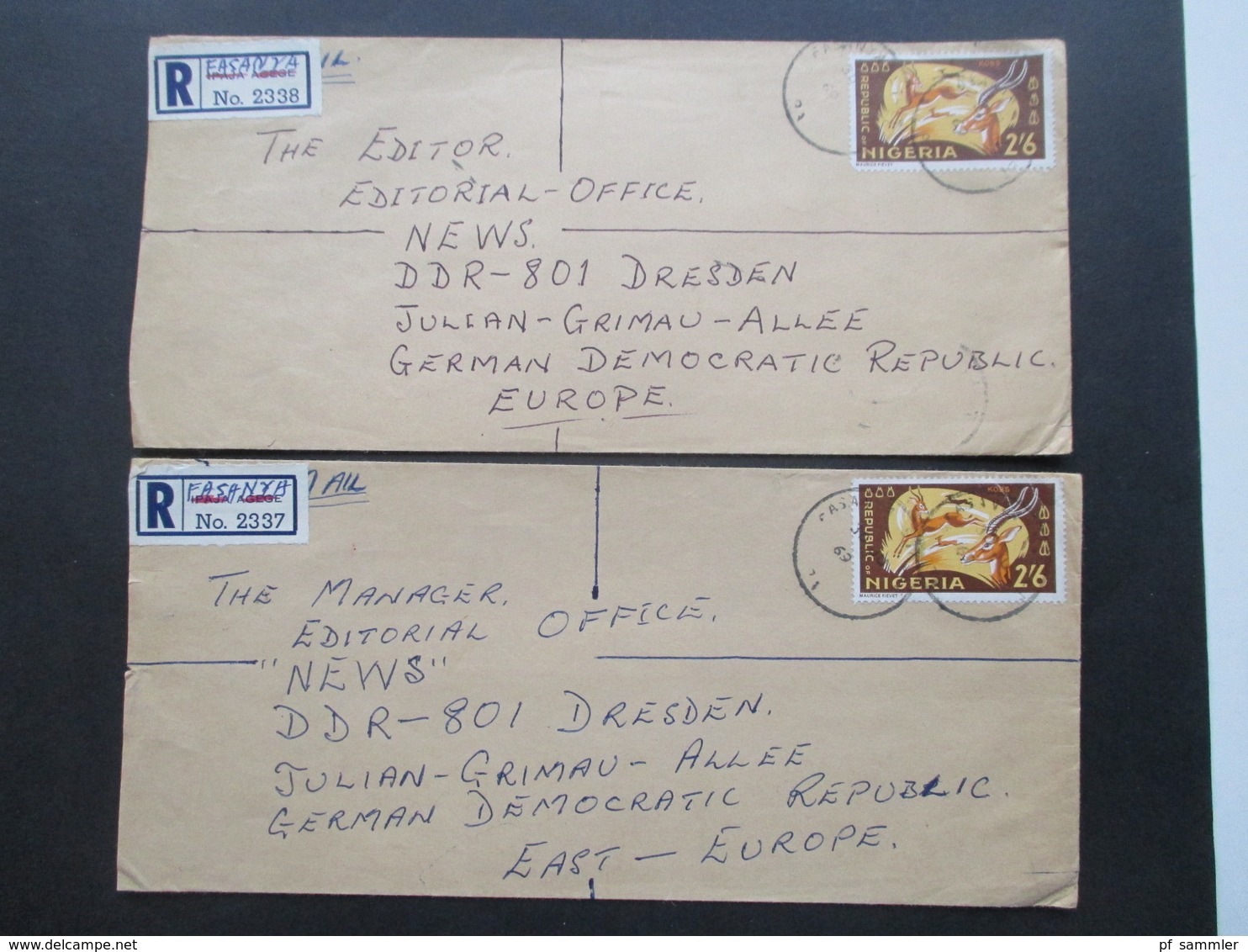 Nigeria 1969 Air Mail / Luftpost Einschreiben Handschriftl Geänderter R Zettel Fasanya Nach Dresden Mit Je 8 Stempeln - Nigeria (1961-...)