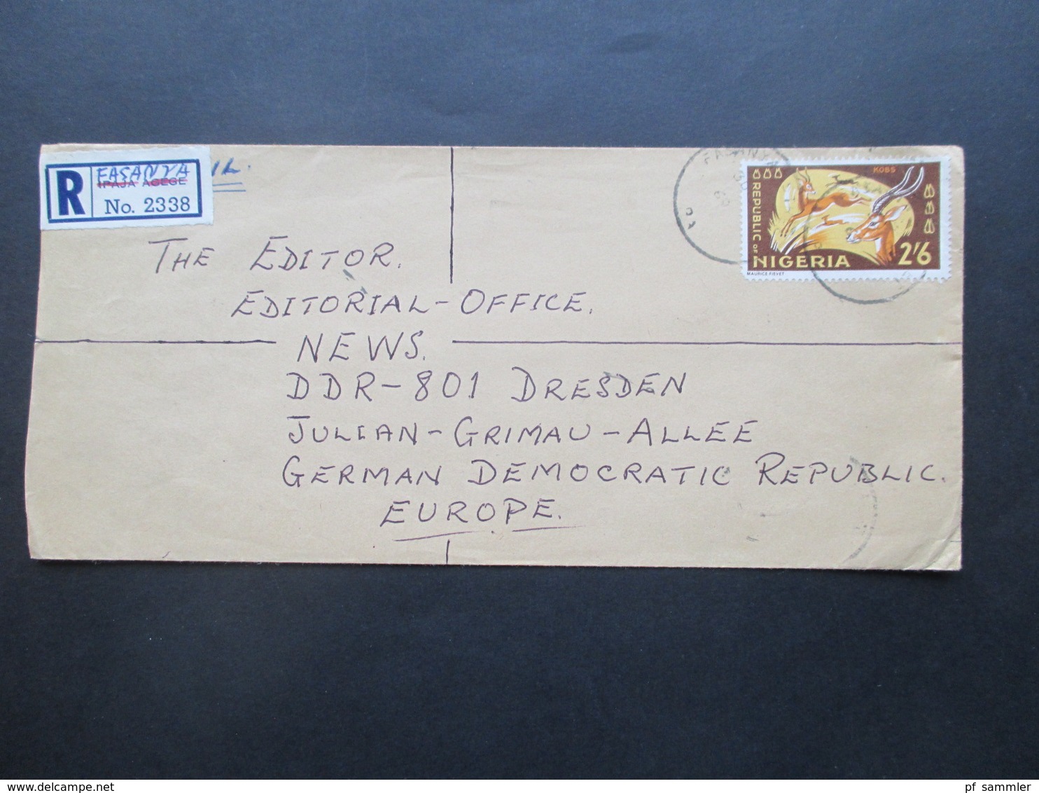 Nigeria 1969 Air Mail / Luftpost Einschreiben Handschriftl Geänderter R Zettel Fasanya Nach Dresden Mit Je 8 Stempeln - Nigeria (1961-...)