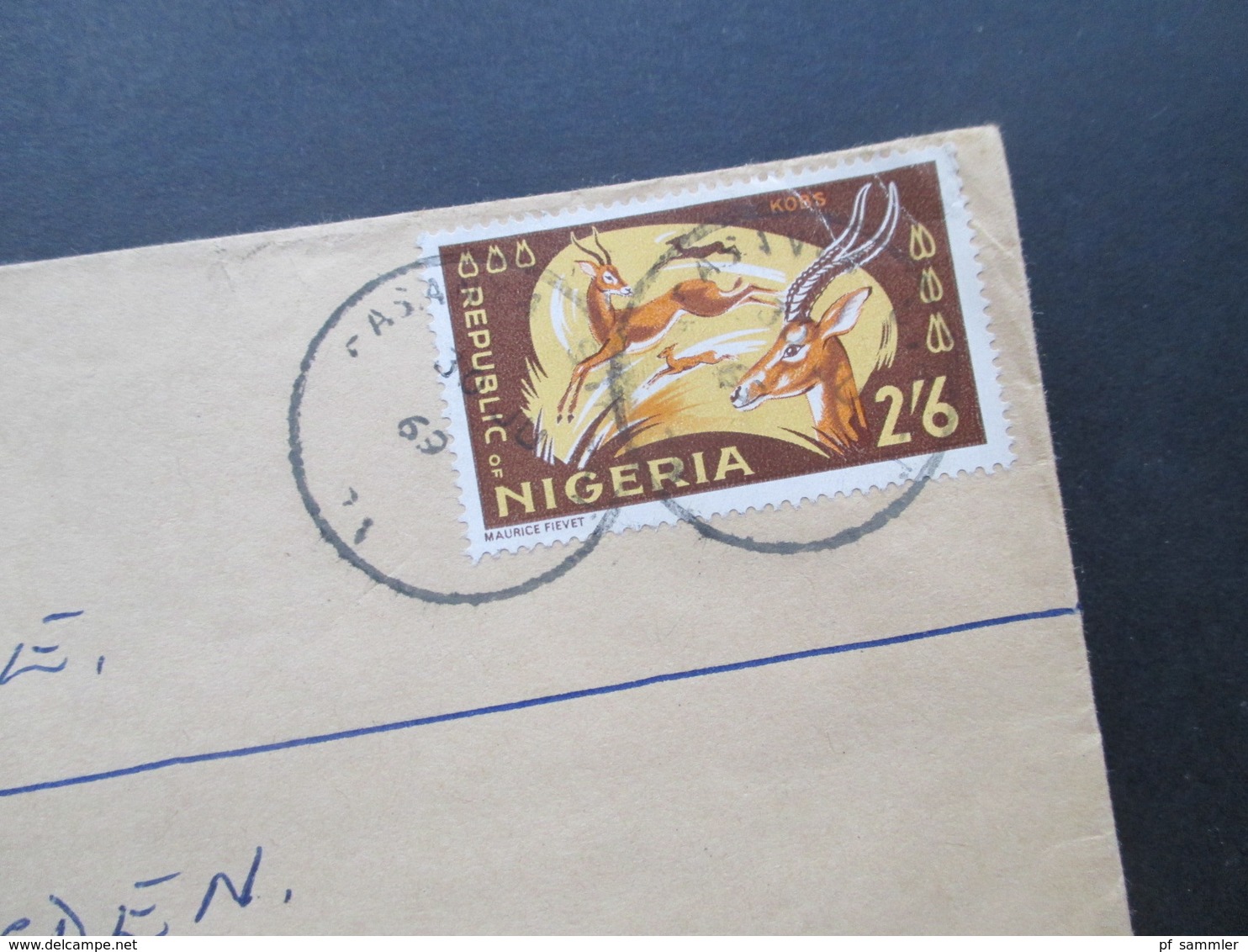 Nigeria 1969 Air Mail / Luftpost Einschreiben handschriftl geänderter R Zettel Fasanya nach Dresden mit je 8 Stempeln