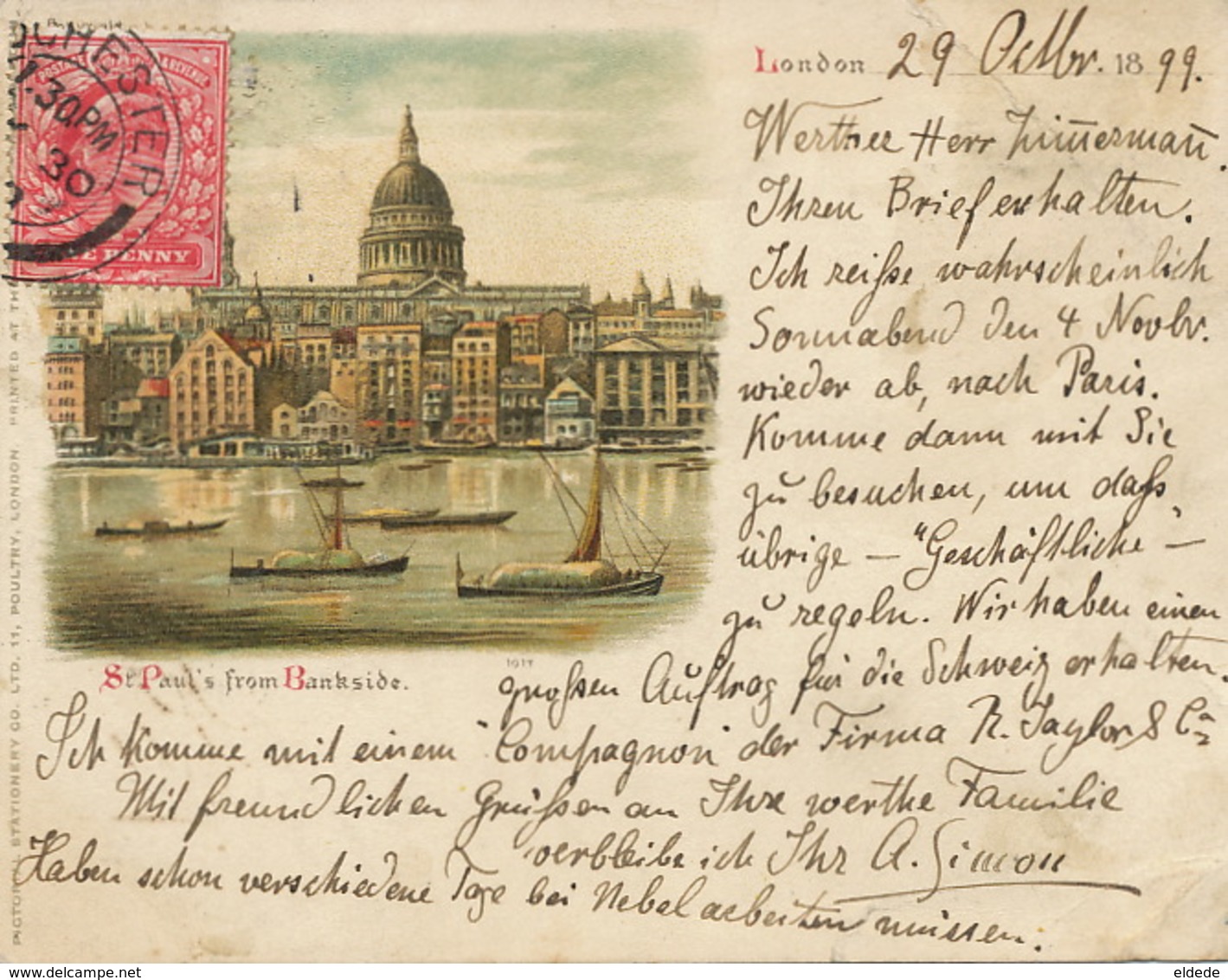 Short Size Card P. Used 1899 St Paul's From Bankside Hand Colored . Light Dfect Bottom Right Corner - St. Paul's Cathedral