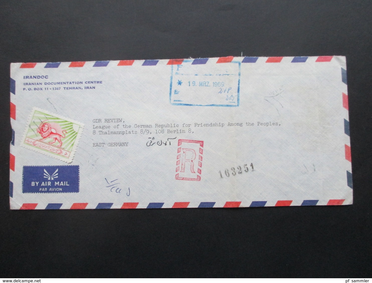 Iran 1969 Air Mail / Luftpost Iranian Documentation Centre Teheran - Berlin Registered Letter! Roter Stempel R Und Verme - Iran
