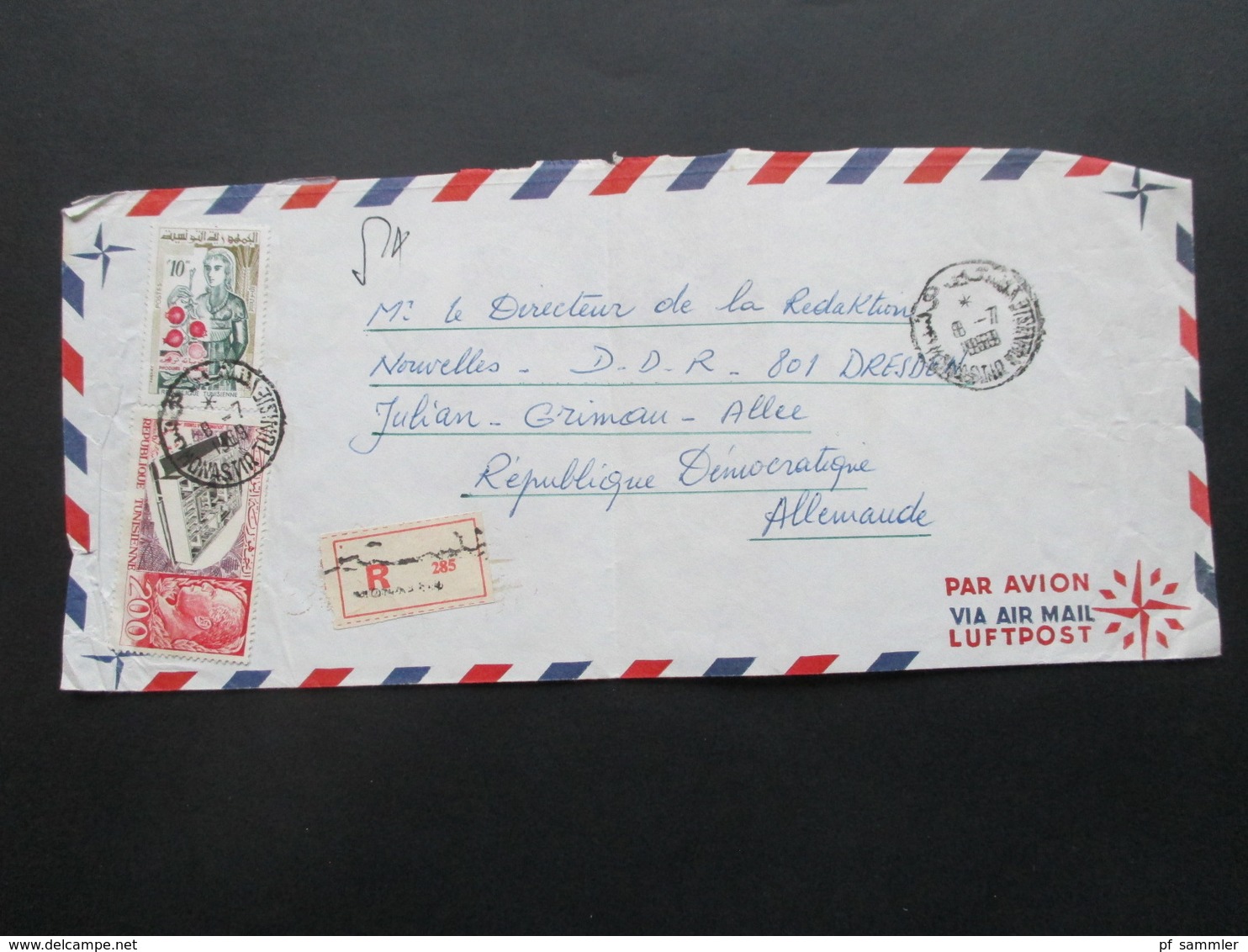 Afrika 1969 Tunesien Monastir Air Mail / Luftpost Nach Dresden Mit Gestempeltem R Zettel - Tunesië (1956-...)