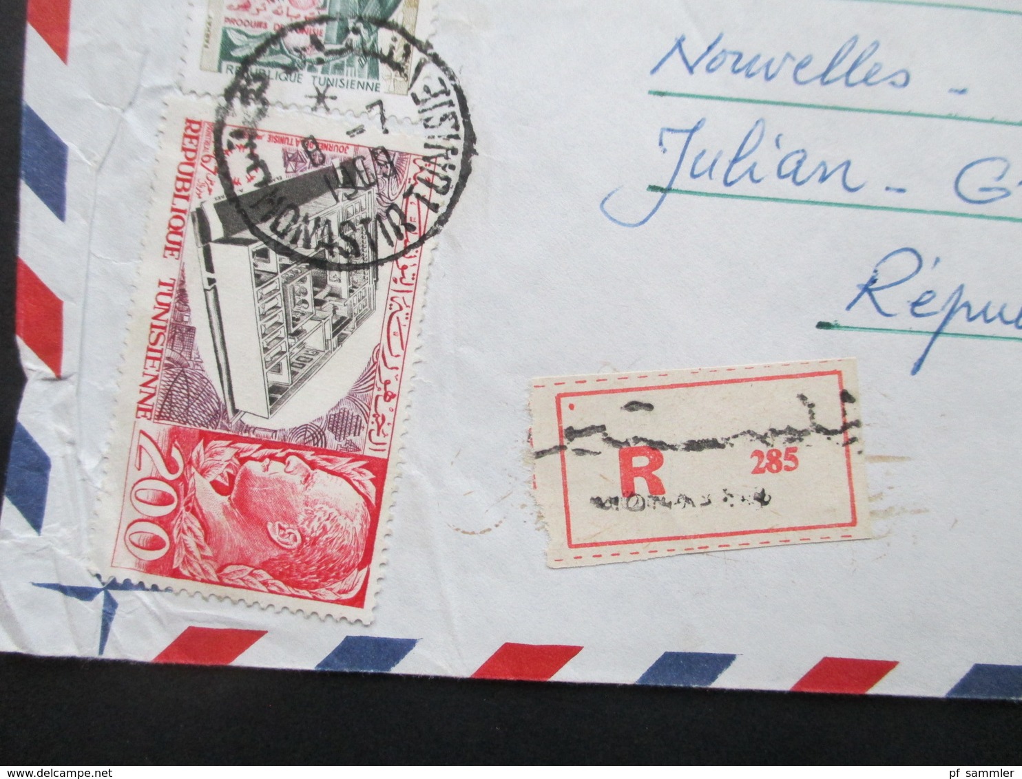 Afrika 1969 Tunesien Monastir Air Mail / Luftpost Nach Dresden Mit Gestempeltem R Zettel - Tunisie (1956-...)