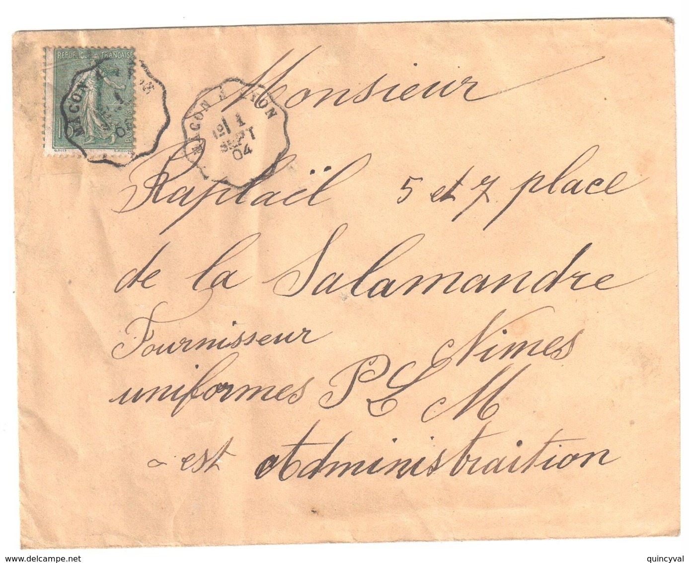 MACON à LYON Lettre Convoyeur Type 1 Ob 1/9/ 1904 15 C Semeuse Lignée Vert Yv 130 - Railway Post