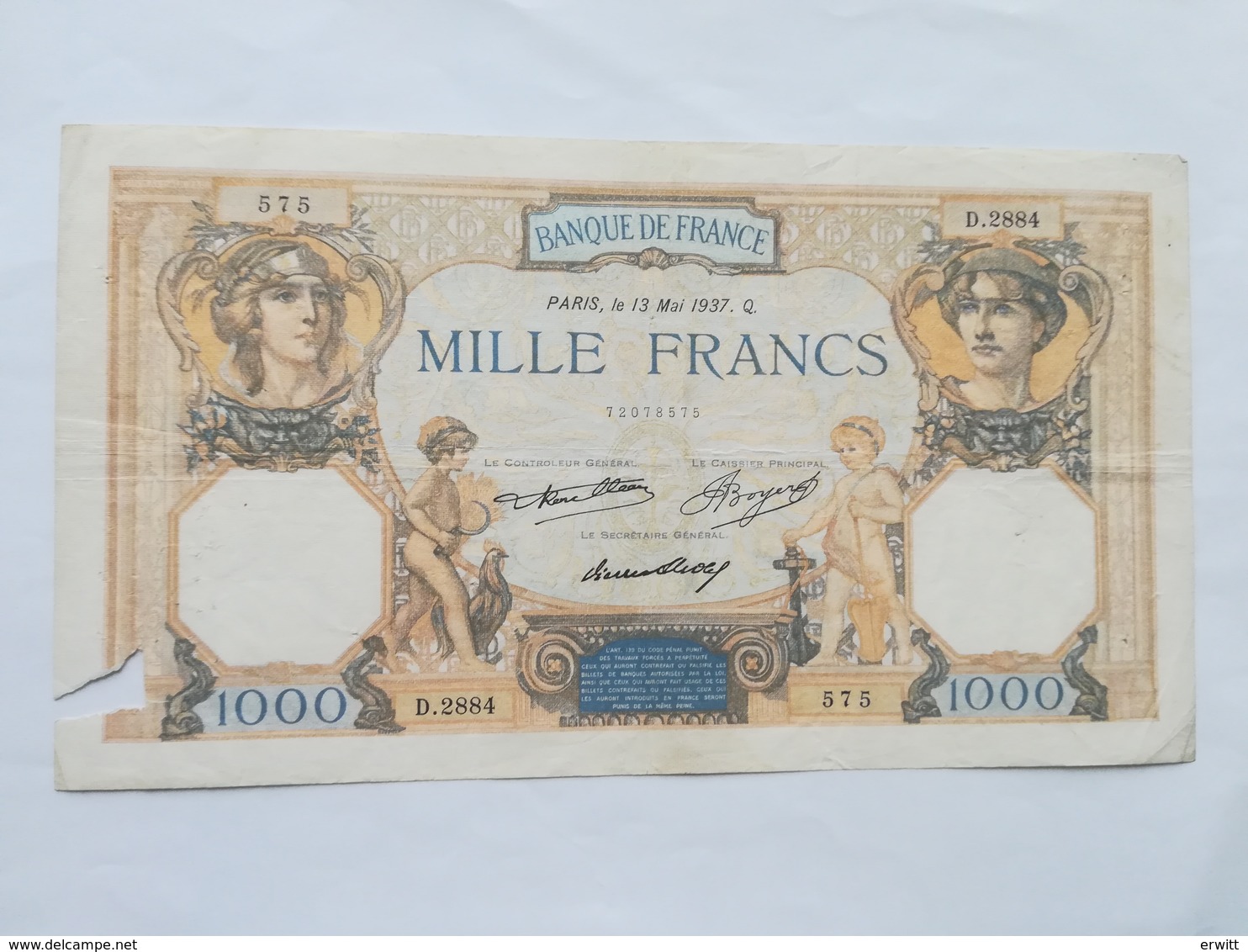 FRANCIA 1000 FRANCS 1937 - 1 000 F 1927-1940 ''Cérès Et Mercure''