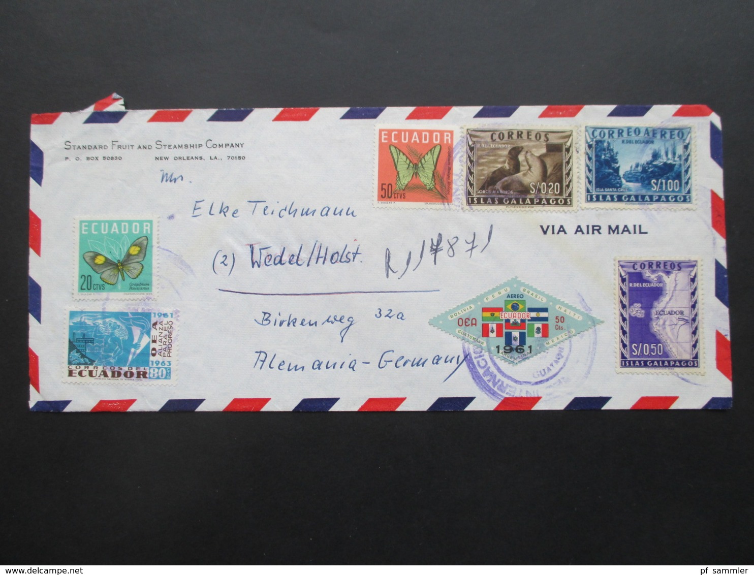 Ecuador 1960er Jahre 2 Belege Via Air Mail / Luftpost Mit Schöner Buntfrankatur! Standart Fruit And Steamship Company - Ecuador