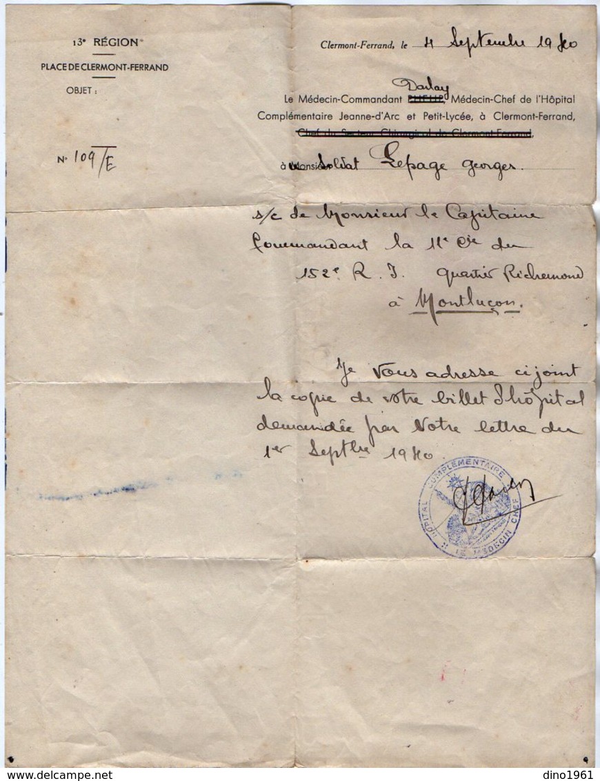 VP16.270 - MILITARIA - CLERMONT - FERRAND 1940 - Lot De Documents Concernant Le Soldat G. LAPAGE De VOINSLES - Dokumente