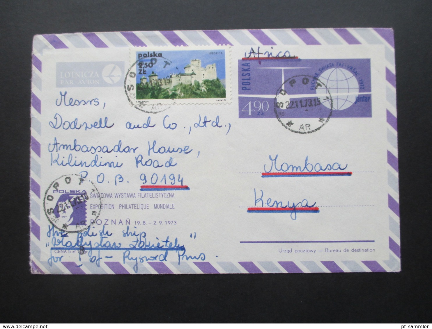 Polen Sopot 1973 Luftpost Ganzsachen Umschlag Mit Zusatzfrankatur Nach Mombasa Kenya An Das Ambassador House / Botschaft - Cartas & Documentos