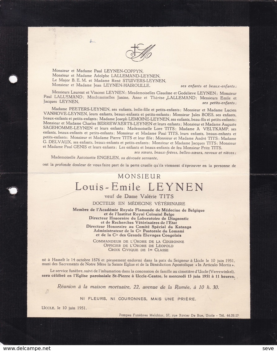 UCCLE HASSELT Mouvement Flamand Louis LEYNEN Veuf TITS 1876-1951 Académie Royale Flamande De Médecine KATANAGA - Décès