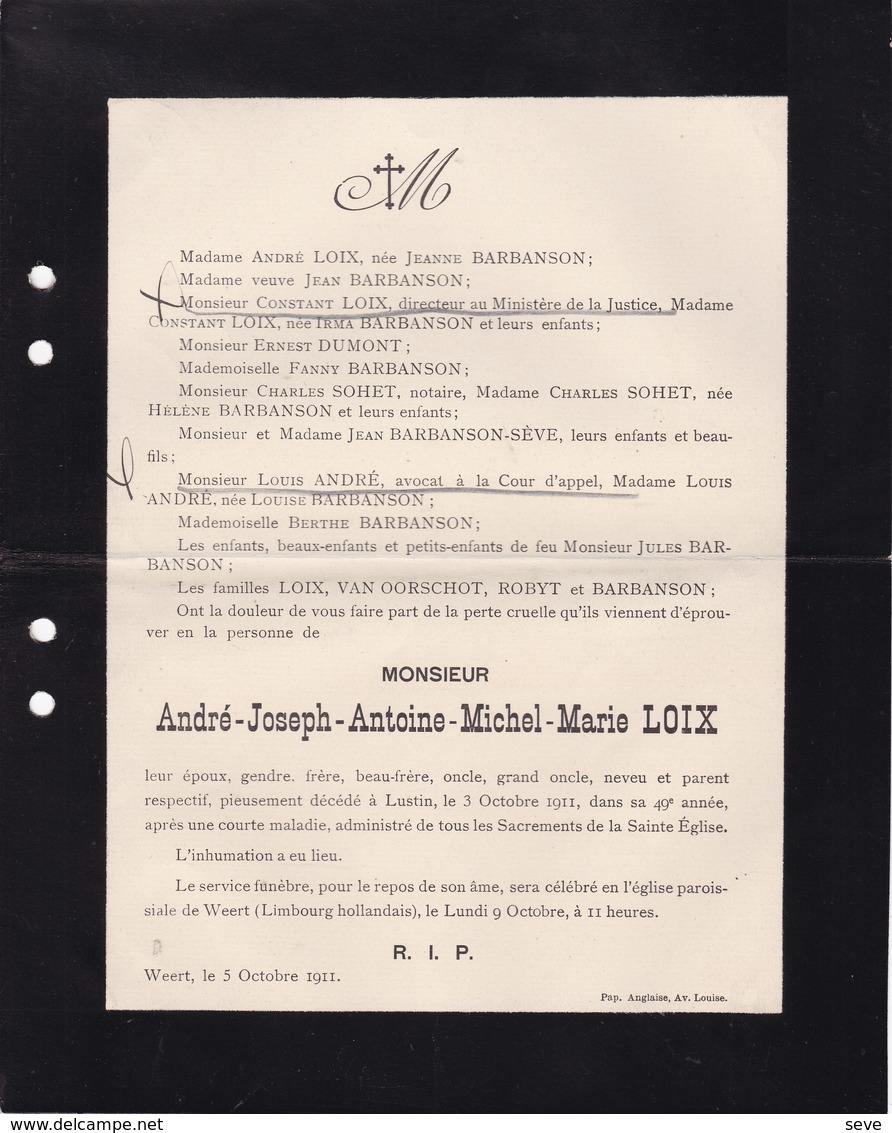 LUSTIN WEERT LIMBOURG André LOIX 49 Ans 1911 Familles BARBANSON DUMONT SOHET ROBYT - Décès