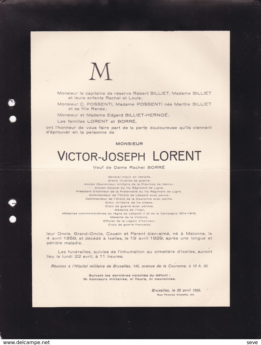 MALONNE IXELLES Ancien Gouverneur Militaire Namur Général-major LORENT Victor 1859-1929 Famille BILLIET POSSENTI BORRE - Obituary Notices