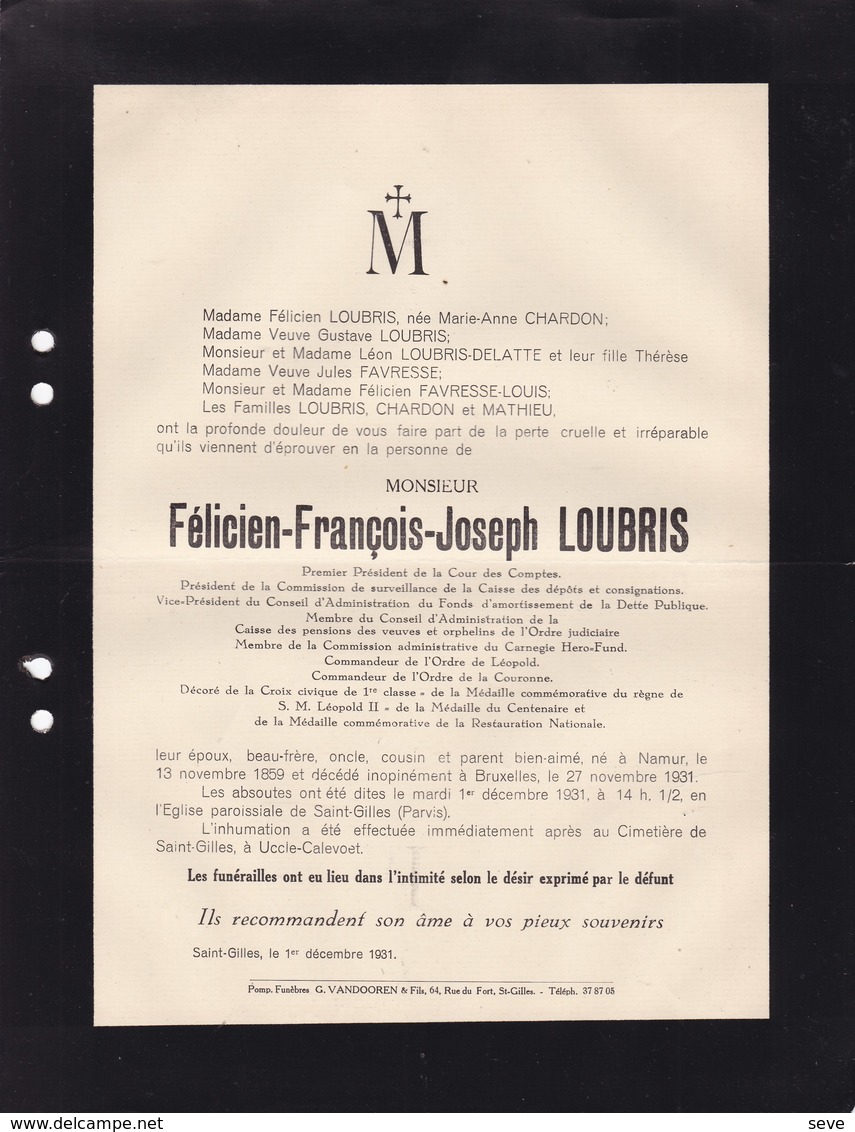 NAMUR UCCLE Félicien LOUBRIS 1859-1931 Premier Président Cour Des Comptes CHARDON FAVRESSE MATHIEU - Décès