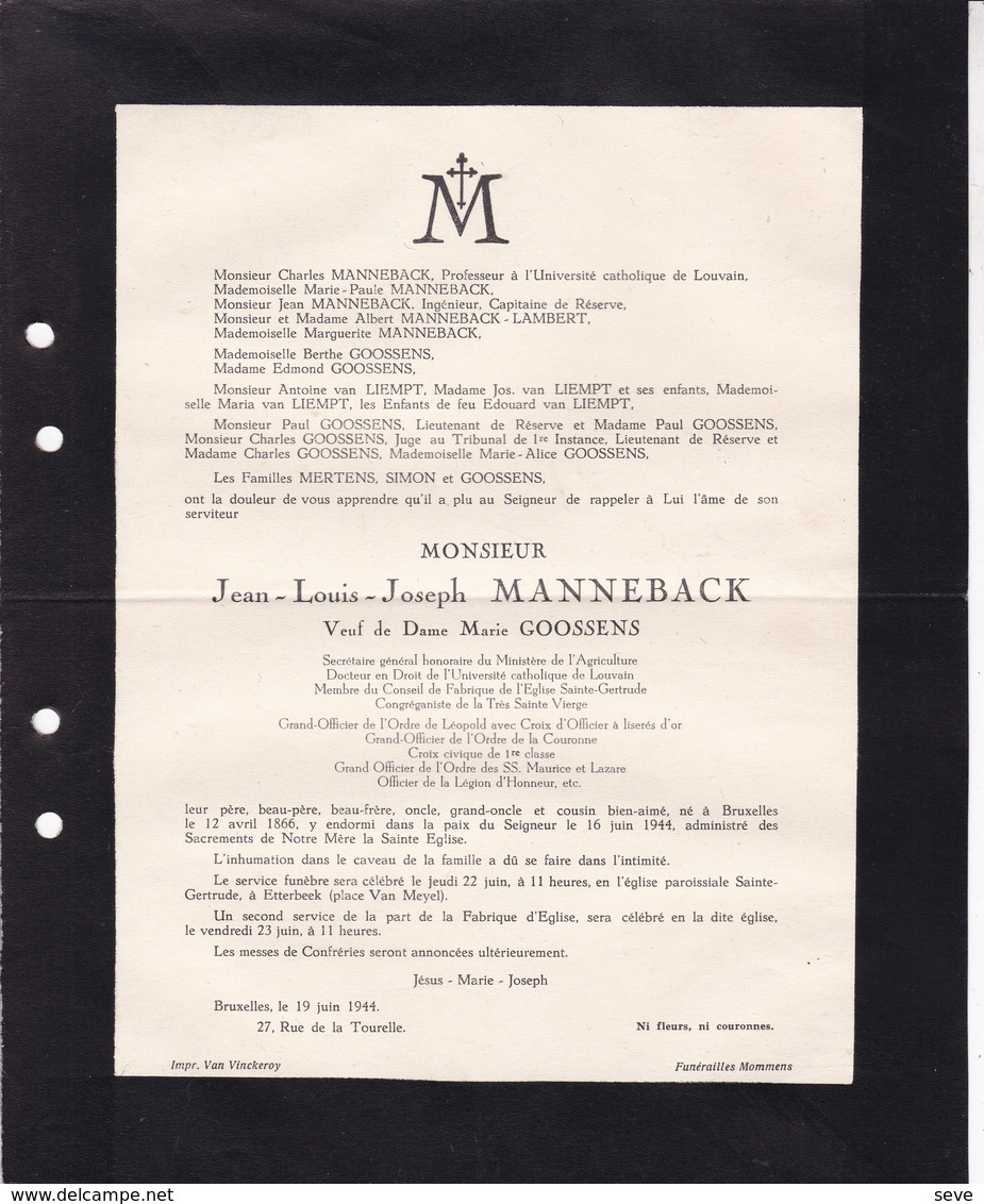 BRUXELLES Jean-Joseph MANNEBACK Veuf GOOSSENS 1866-1944 Professeur Université Catholique Louvain VILVORDE - Obituary Notices