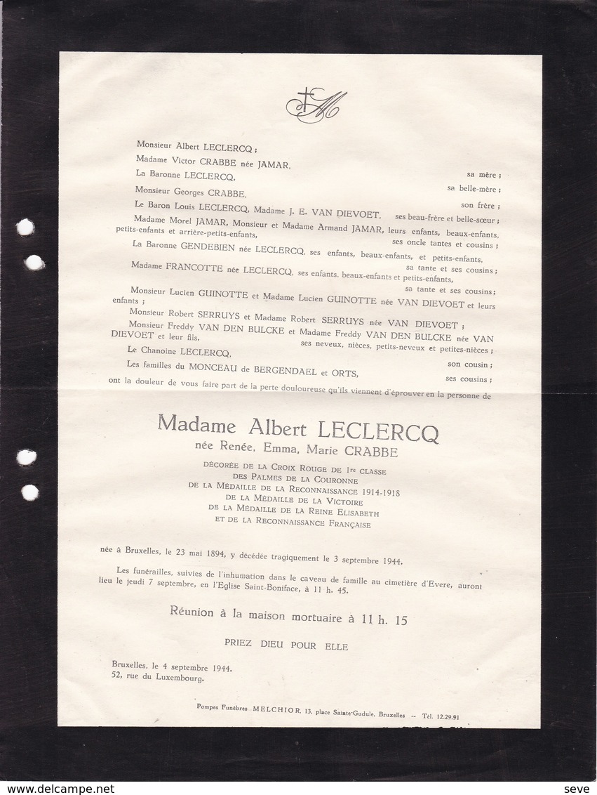 14-18 Médaille De La Reine Elisabeth Renée CRABBE épouse Albert LECLERCQ 1894-1944 Médaille Croix-Rouge - Obituary Notices