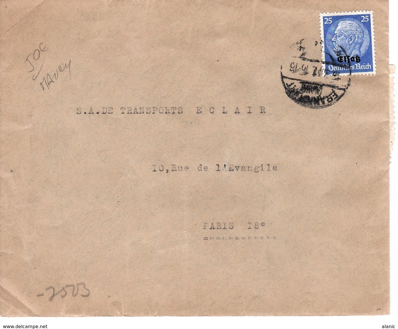 France Alsace Lorraine Cat Yt N° 17 SEUL SUR LETTRE De FRANCFORT Vers LPARIS 1??/??/ 1941 CENSURE - Sonstige & Ohne Zuordnung