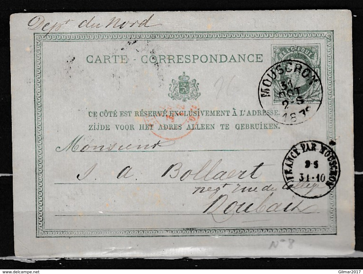 Postkaart Van Mouscron Naar Roubaix - 1869-1883 Leopoldo II