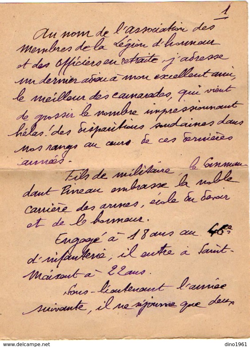 VP16.272 - MILITARIA - Lettre D' Hommage Du L. Colonel FORZY Au Capitaine PINEAU - Documentos