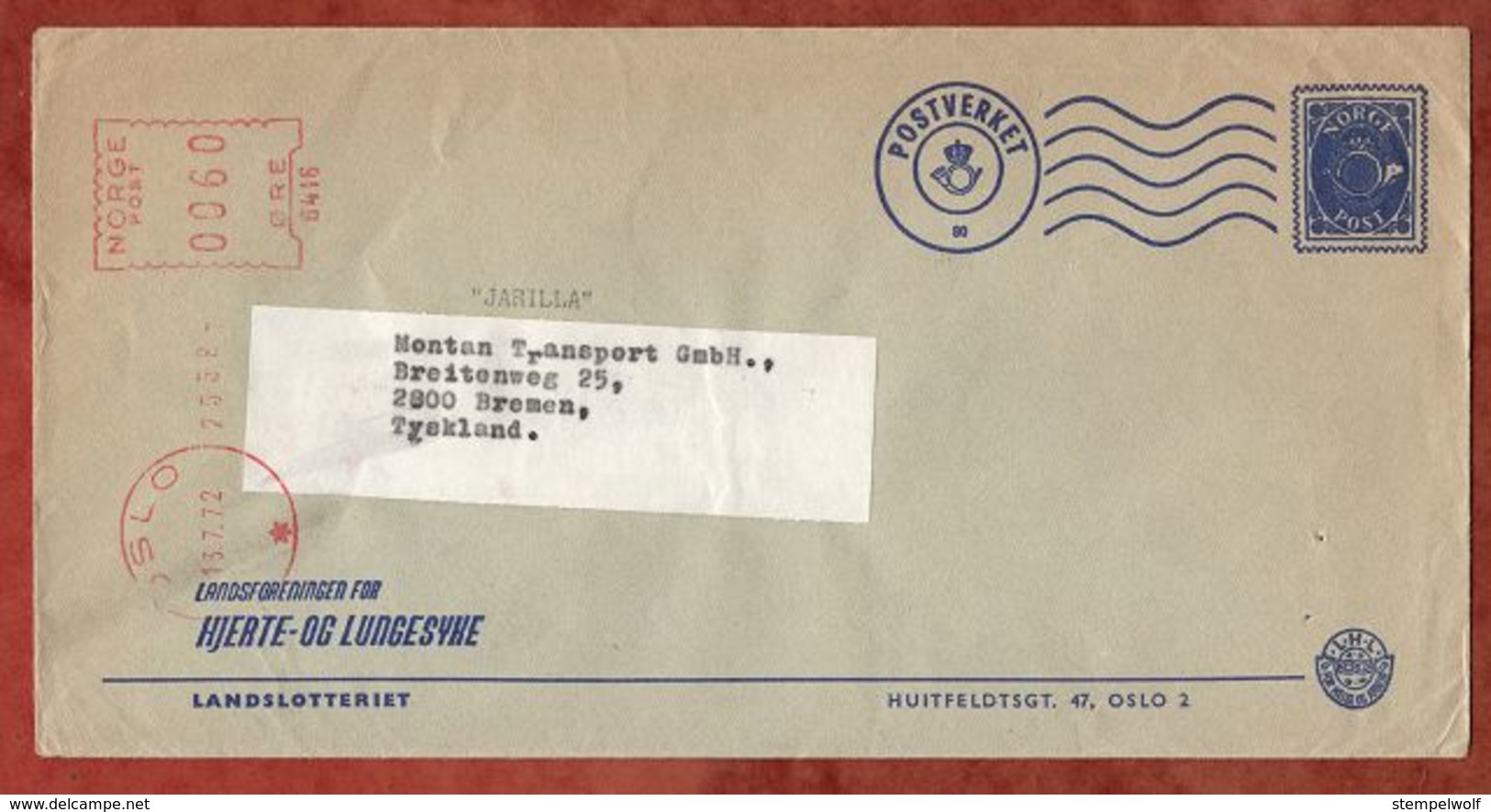 Vordruckbrief Landslotteriet, Absenderfreistempel, Oslo Nach Bremen 1972 (82962) - Briefe U. Dokumente