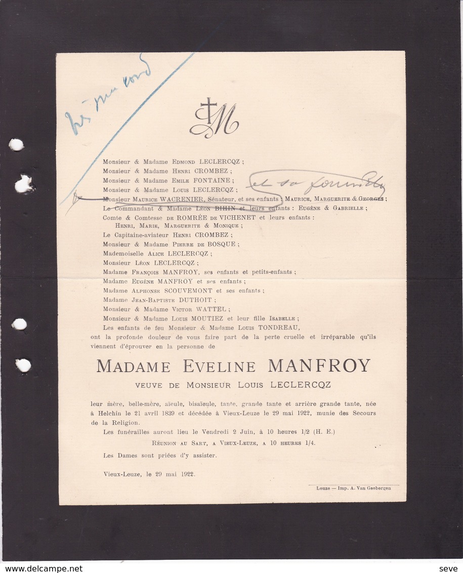 HELCHIN VIEUX-LEUZE Eveline MANFROY Veuve Louis LECLERCQZ 1839-1922 Famille CROMBEZ FONTAINE WATTEL TONDREAU - Obituary Notices