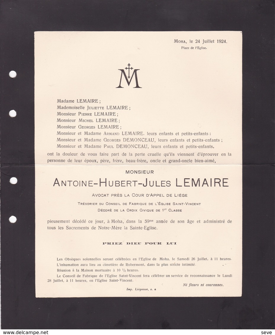 MOHA Antoine LEMAIRE 59 Ans 1924 Avocat Cour D'appel De Liège. DEMONCEAU - Obituary Notices