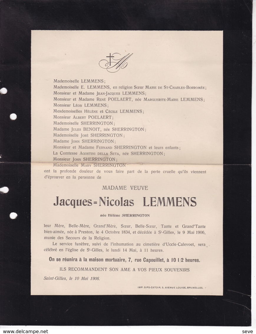 PRESTON UCCLE Jacques-Nicolas LEMMENS 1834-1906 Saint-Gilles Familles POELAERT époux SHERRINGTON - Obituary Notices