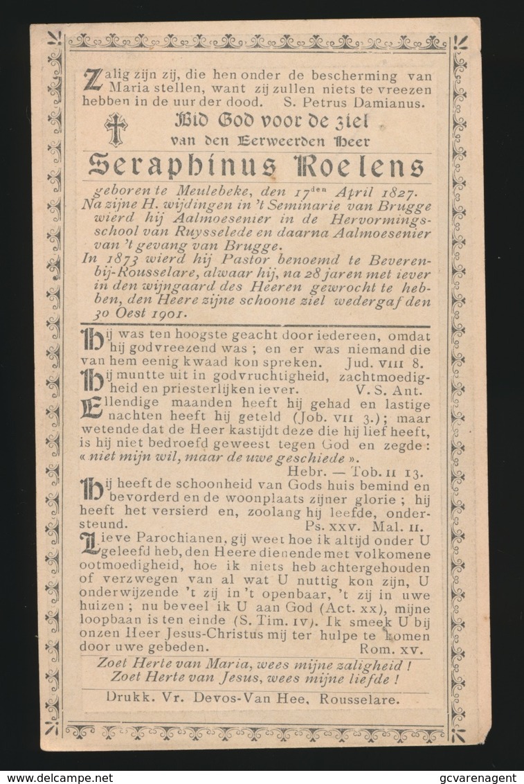 PASTOOR BEVEREN BIJ ROESELARE - SERAPHINUS ROELENS - MEULEBEKE 1827 - BEVEREN 1901   2 SCANS - Décès