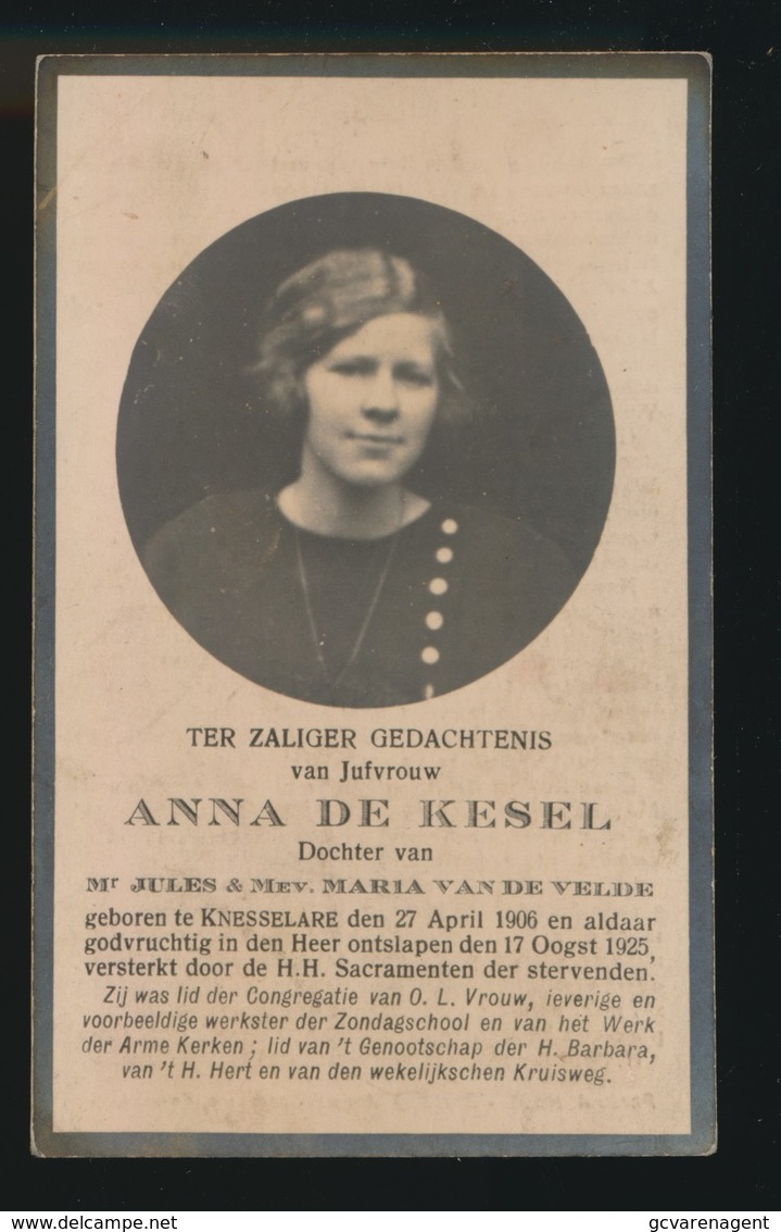 ANNA DE KESEL    - KNESSELARE 1906  - 1925 - Décès