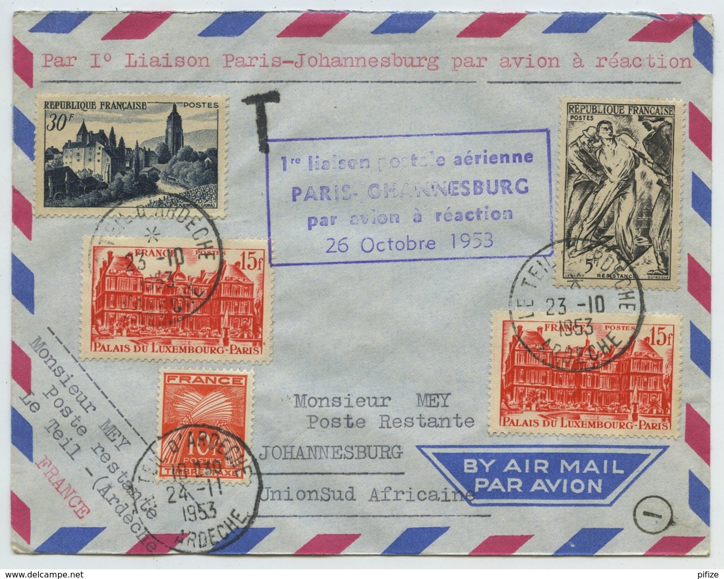 1re Liaison Postale Aérienne Paris-Johannesburg Par Avion à Réaction 26 Octobre 1953 . Le Teil D'Ardèche . Taxe . - 1927-1959 Covers & Documents