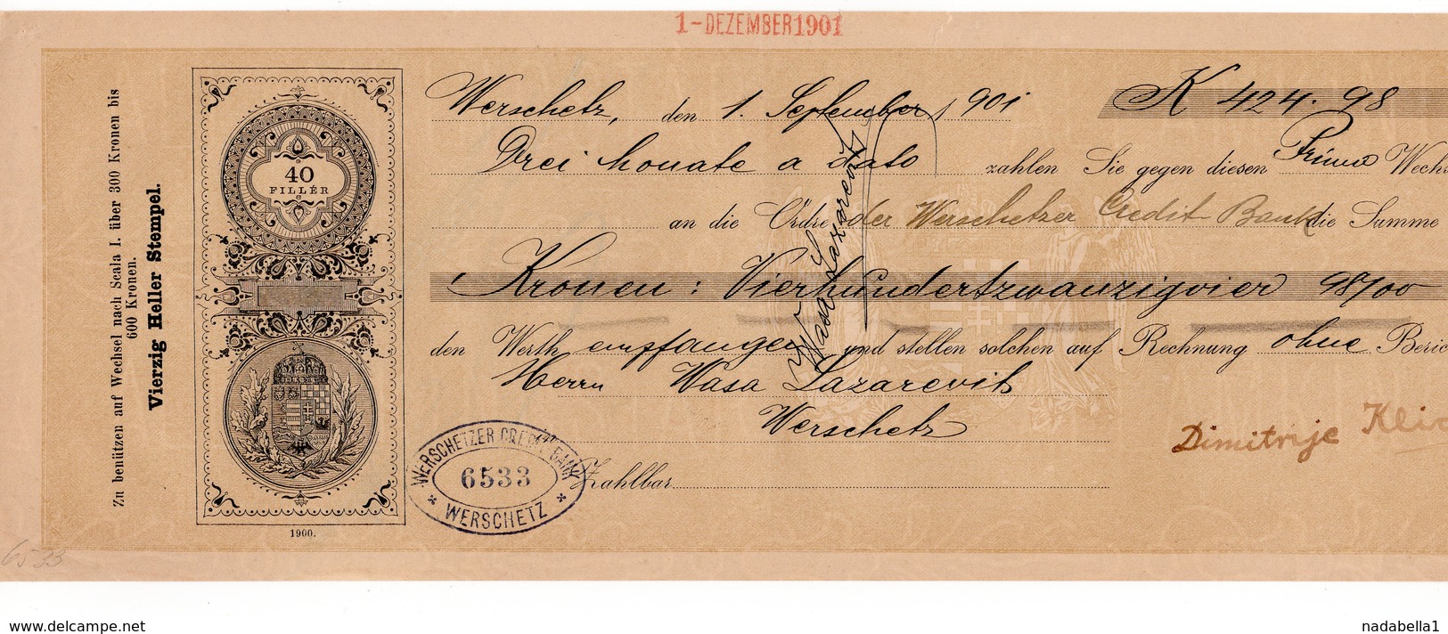 01.12.1901. HUNGARY, CHEQUE BY WERSCHETZ-VRSAC CREDIT BANK, 40 FILLER - Cheques & Traveler's Cheques