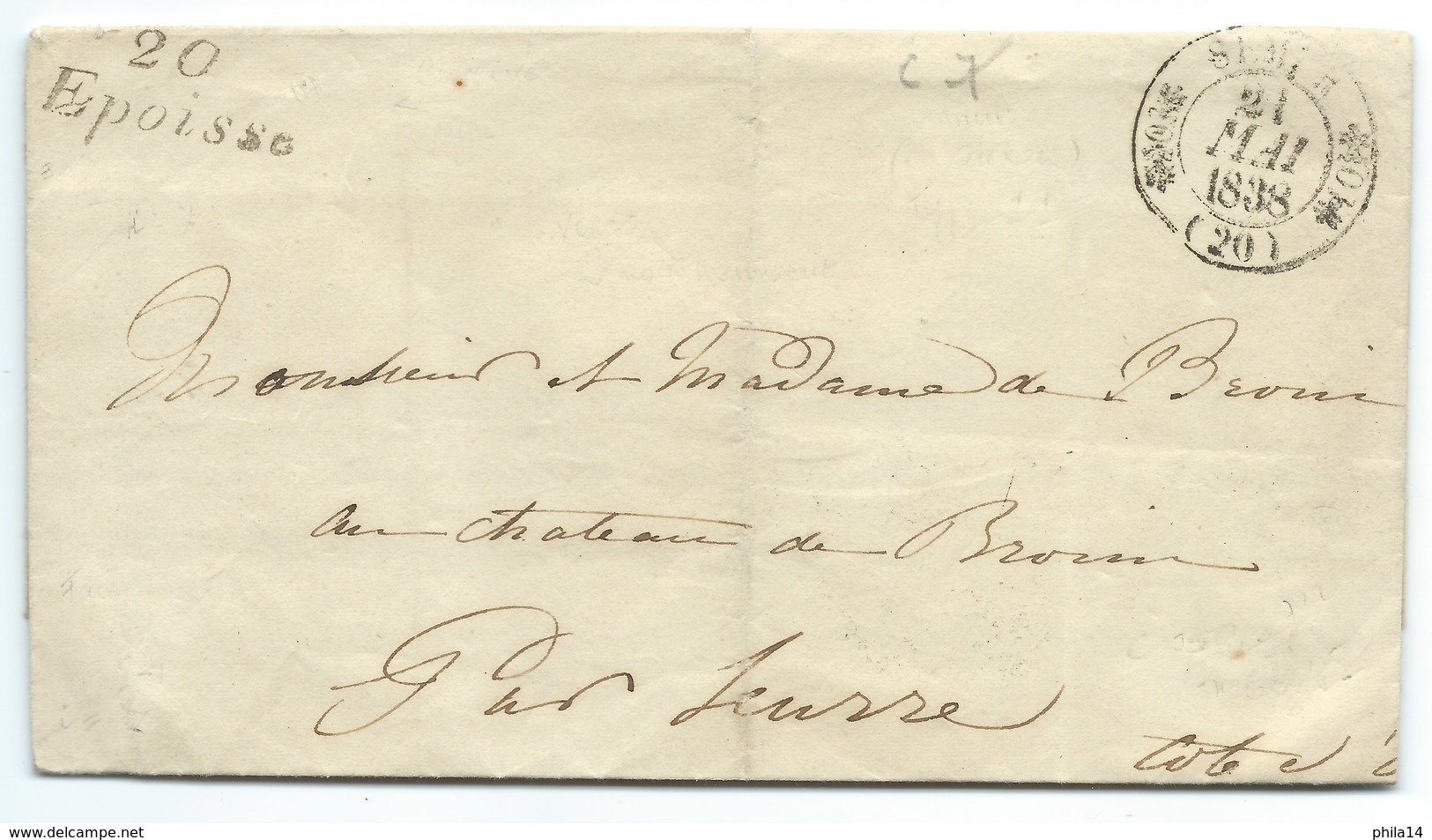 MARQUE POSTALE CURSIVE EPOISSE / SEMUR POUR SEURRE / 1838 / DOUBLE FLEURON / FAIRE PART MARIAGE COMMINGES GUITAUT - 1801-1848: Precursors XIX