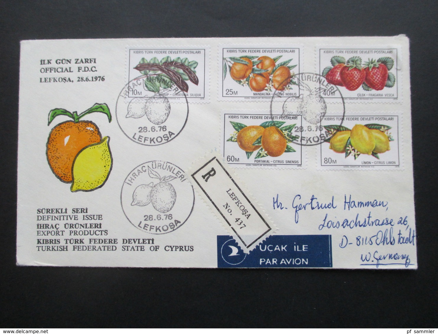 Türkei / Zypern 1976 Einschreiben Lefkosa FDC Motivmarken Früchte Luftpost / Air Mail Nach Deutschland - Briefe U. Dokumente