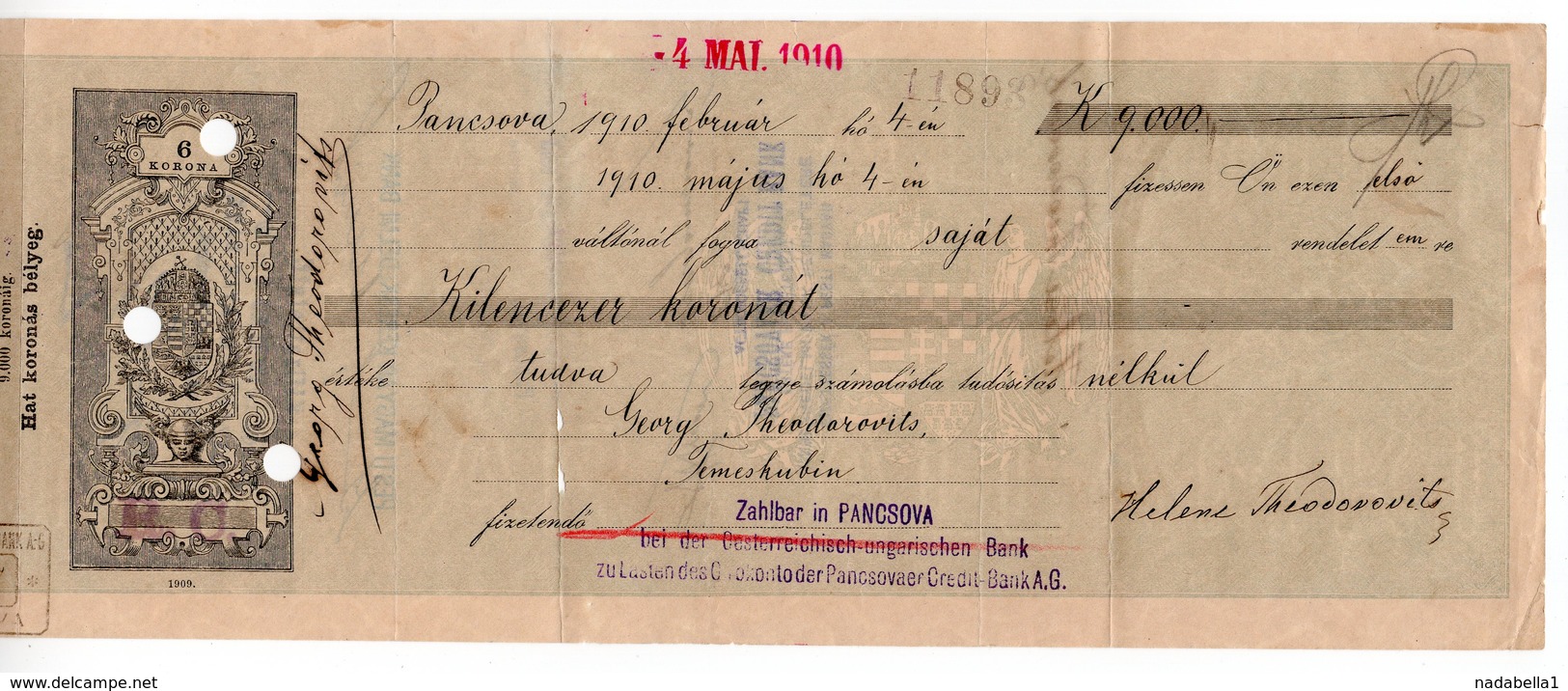 04.05.1910. HUNGARY, CHEQUE BY PANCSOVA-PANCEVO CREDIT BANK, 6 KRONA - Schecks  Und Reiseschecks