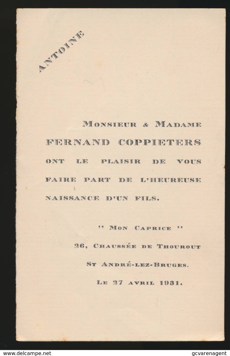 ADEL NOBLESSE -  FERNAND COPPIETERS      GEBOORTE ZOON 1931 ANTOINE - Naissance & Baptême