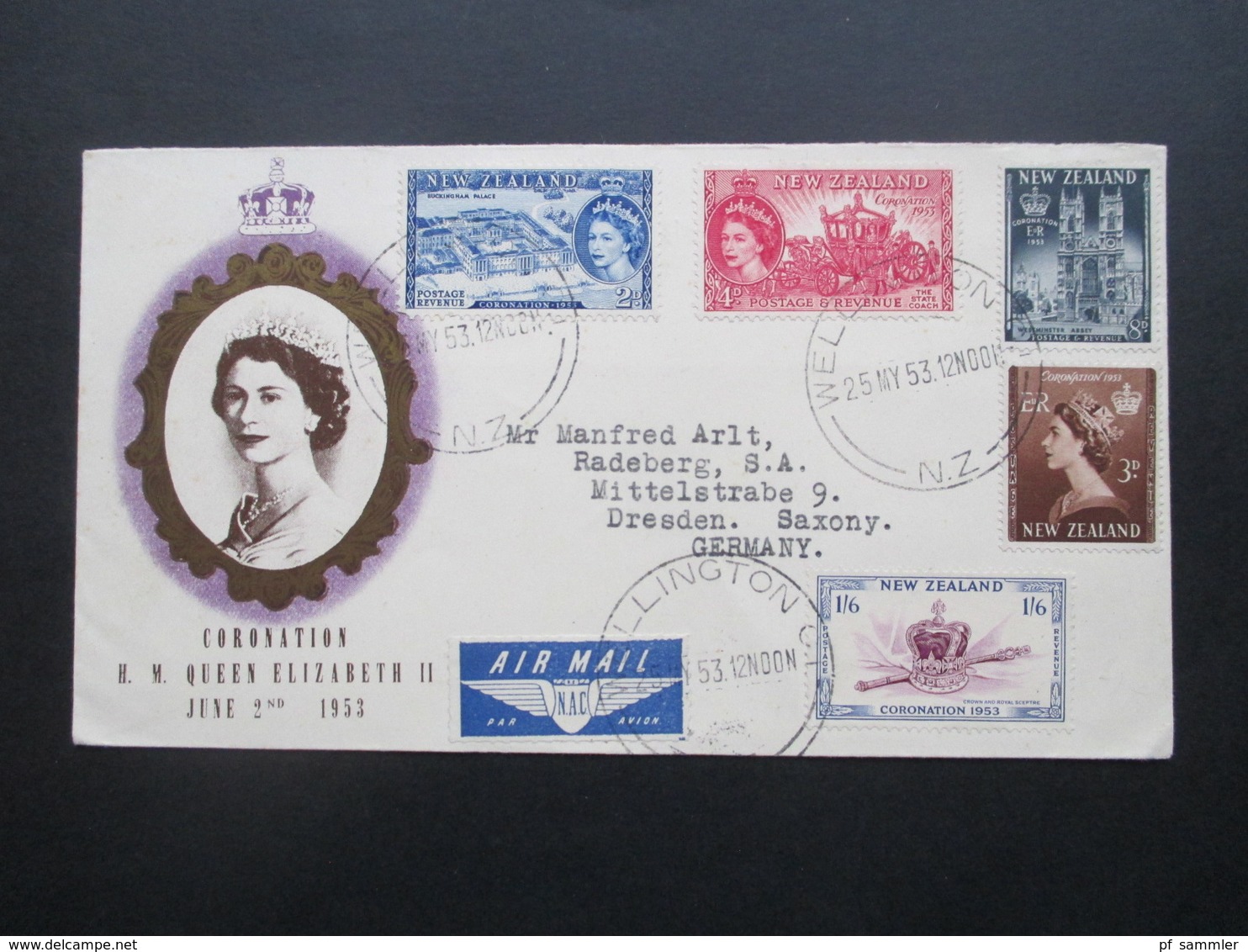 Neuseeland / New Zealand Queen Coronation Elisabeth II FDC Wellington Nach Dreden Gesendet Via Air Mail - Covers & Documents