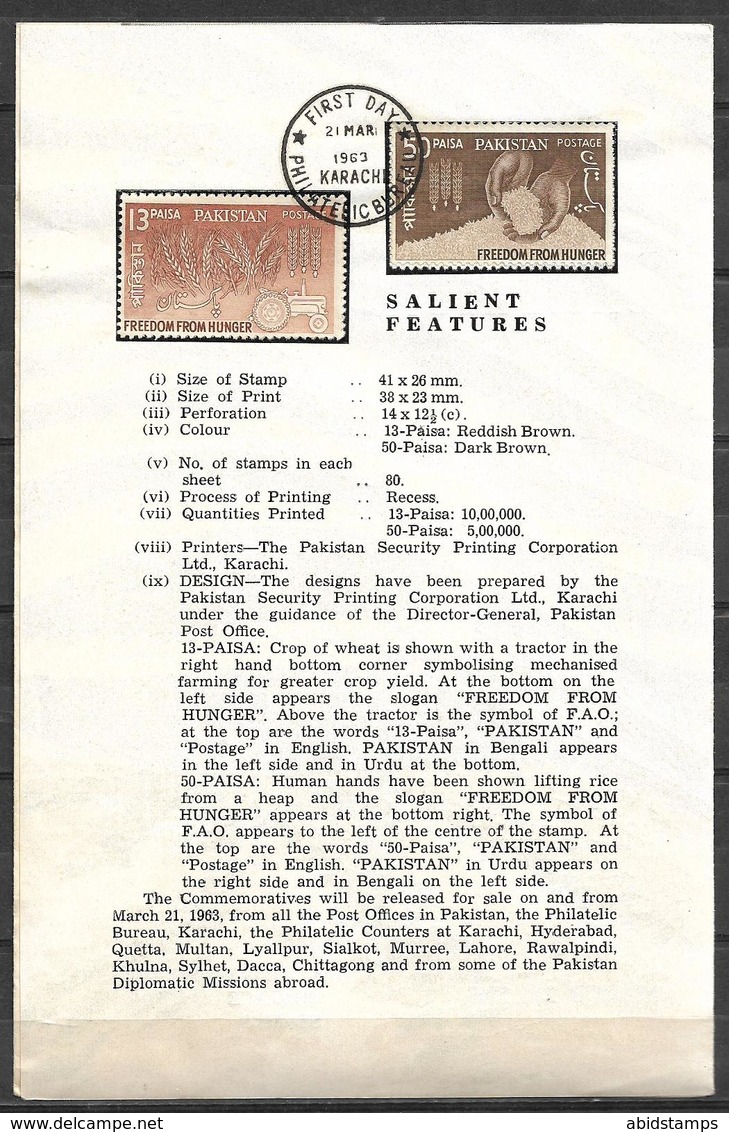 PAKISTAN 1963 BROCHURE WITH STAMPS FREEDOM FROM HUNGER CAMPAIGN - Pakistan