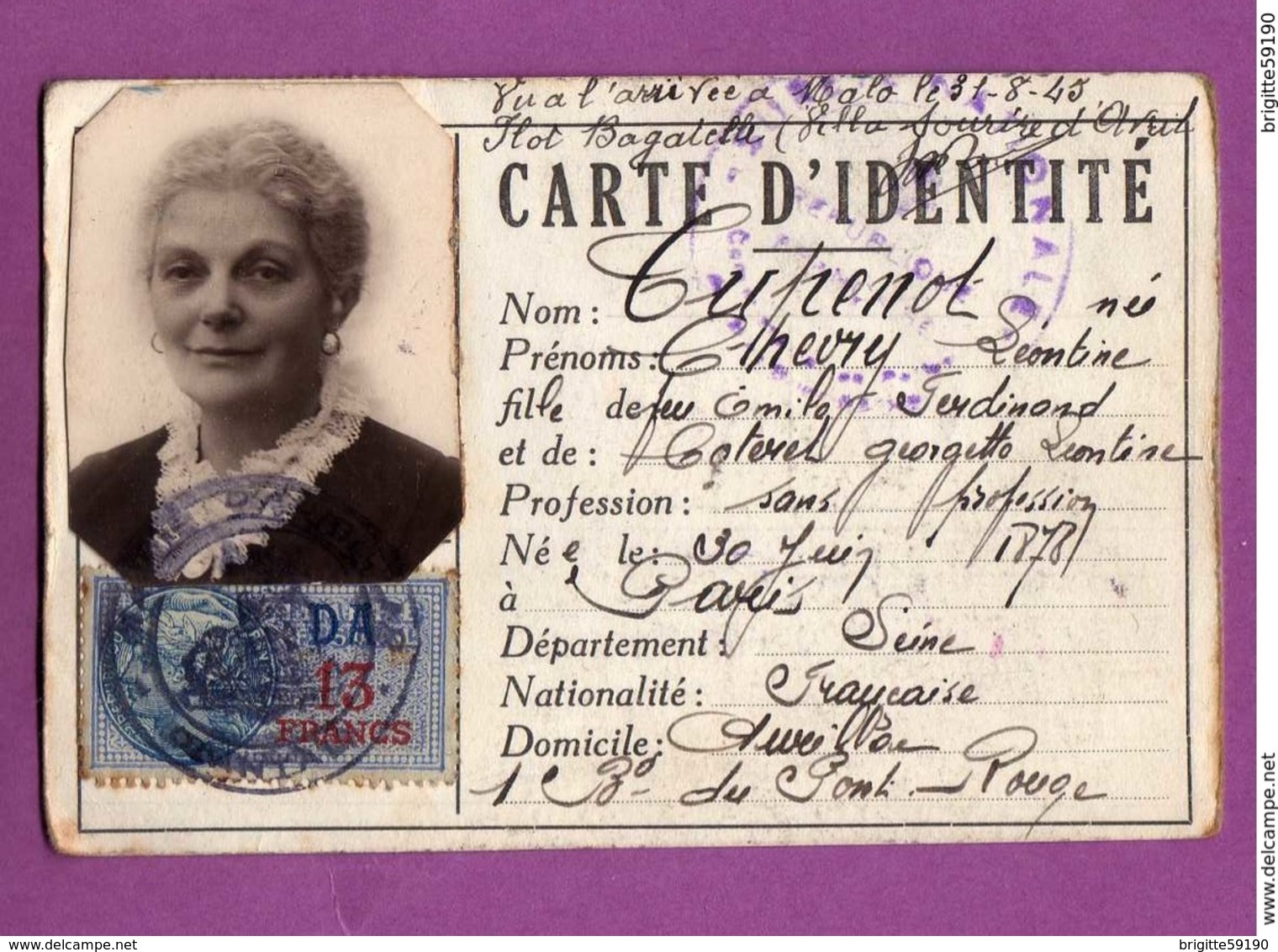 TIMBRE FISCAL DA 13 FRANCS - CARTE D IDENTITE VALIDEE EN AOUT 1941 - Otros & Sin Clasificación