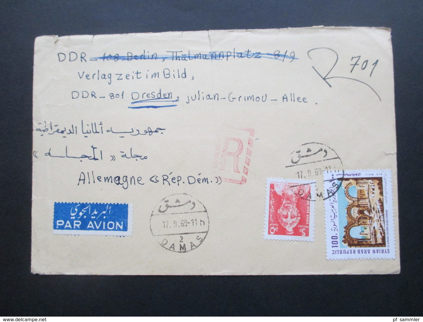 Asien Syrien Syrian Arab Republik 1969 2 Luftposdtbelege In Die DDR Einschreiben / Registered Letter Damaskus - Dresden - Siria