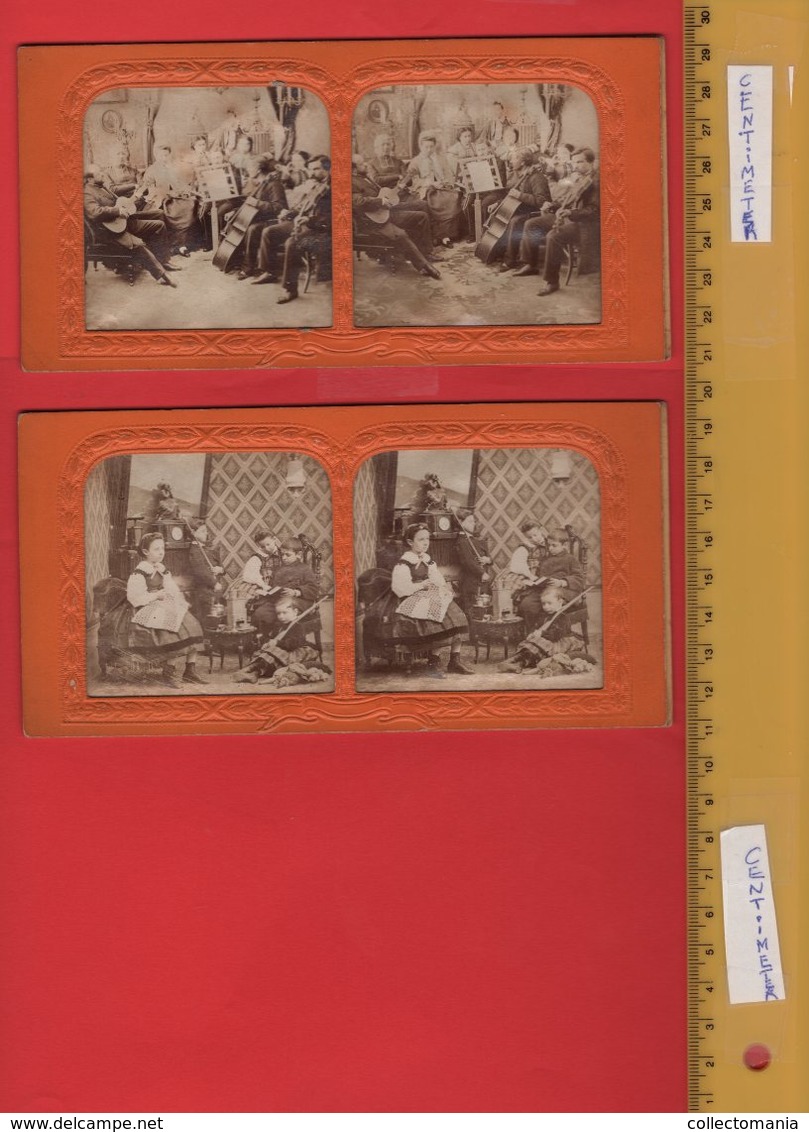 2 Cartes Photos Stéréoscopiques: ORCHESTRE  - BK Paris, état Parfait Phénoménales Avant1900, Les Dos Colorés à La Main - Contraluz