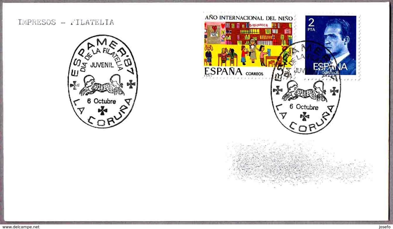 Matasellos ESPAMER'87 - DIA DE LA FILATELIA JUVENIL. La Coruña, Galicia, 1987 - Cartas & Documentos