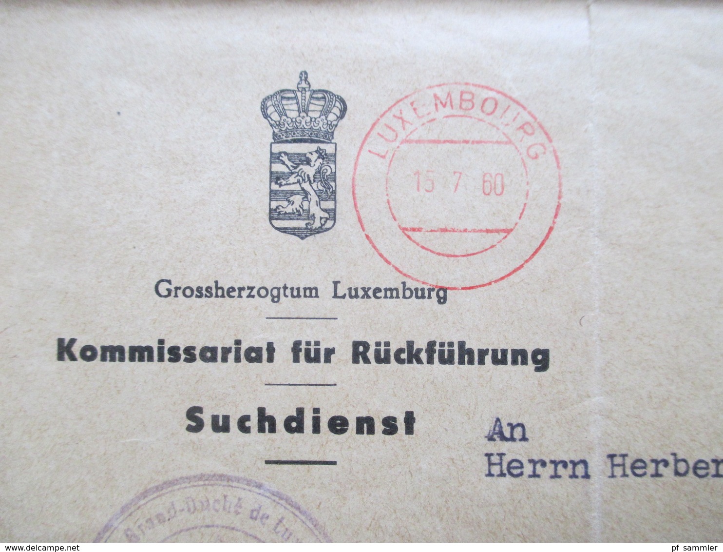 Luxemburg 1960 Vorderseite Des Komissariat Für Rückführung Suchdienst Freistempel Luxembourg - Briefe U. Dokumente