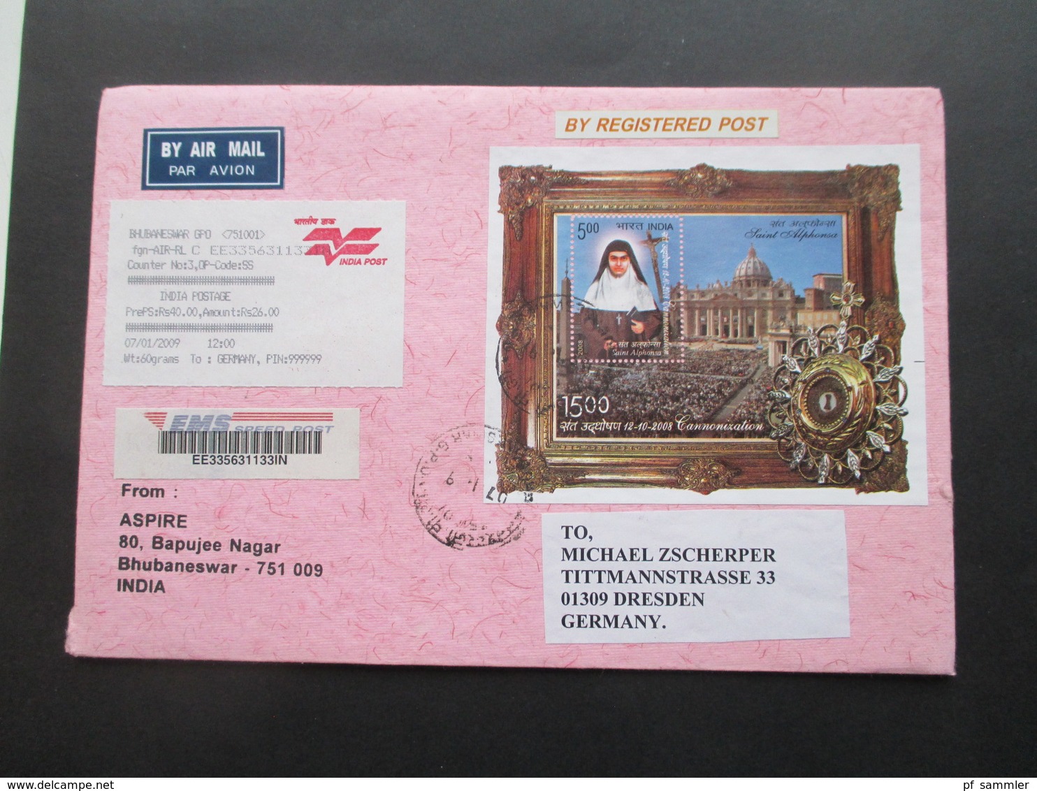 Indien 2009 Air Mail / Luftpost Beleg Mit Blockfrankatur  Block MeF Registered Post / Einschreiben - Covers & Documents