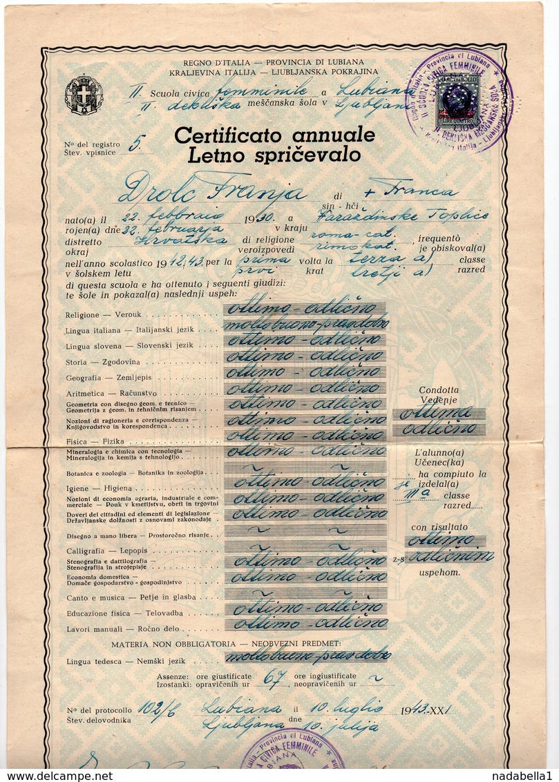 1943 WWII ITALY, ITALIAN OCCUPATION OF SLOVENIA, LJUBLJANA, SCHOOL CERTIFICATE, 1 REVENUE STAMP, ITALIAN - Steuermarken